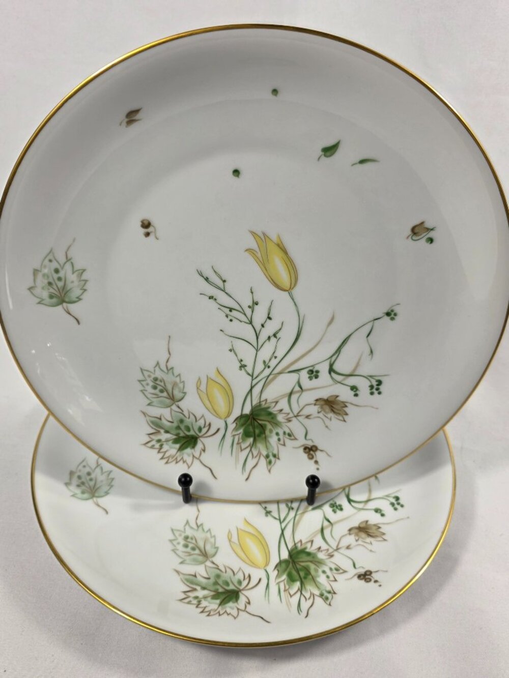 TWO Stonegate Spring Breeze Dinner Plates White with Yellow Tulips Gold Trim